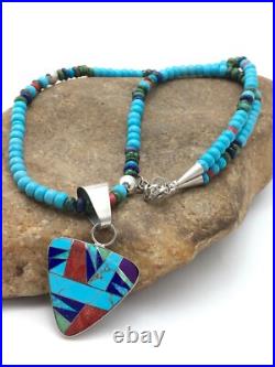 Blue Turquoise Pendant Navajo Sterling Silver Necklace 21 4277
