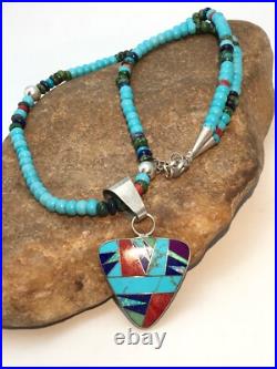 Blue Turquoise Pendant Navajo Sterling Silver Necklace 21 4277