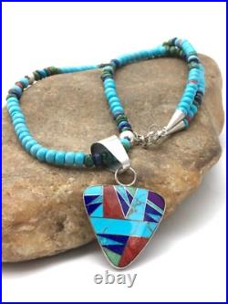 Blue Turquoise Pendant Navajo Sterling Silver Necklace 21 4277