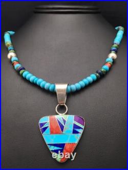 Blue Turquoise Pendant Navajo Sterling Silver Necklace 21 4277