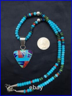Blue Turquoise Pendant Navajo Sterling Silver Necklace 21 4277