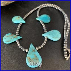 Blue Turquoise Teardrop Navajo Pearls Sterling Silver Necklace 20 13967