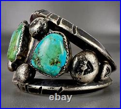 CHUNKY Vintage Early Navajo Sterling Silver Turquoise Cuff Bracelet 96 Grams OLD
