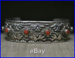 Cecil Lee Native American Navajo Coral Sterling Silver Cuff Bracelet