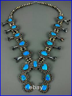 Classic Vintage Navajo Sterling Silver Turquoise Squash Blossom Necklace HEAVY