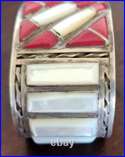 Coral & Mother of Pearl Sterling Silver NAVAJO Vintage Cuff Bracelet