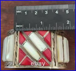 Coral & Mother of Pearl Sterling Silver NAVAJO Vintage Cuff Bracelet