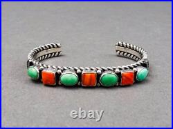 David Reeves Navajo Vintage Sterling Silver Coral Turquoise Row Cuff Bracelet