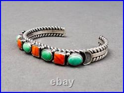 David Reeves Navajo Vintage Sterling Silver Coral Turquoise Row Cuff Bracelet