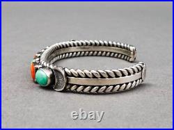 David Reeves Navajo Vintage Sterling Silver Coral Turquoise Row Cuff Bracelet