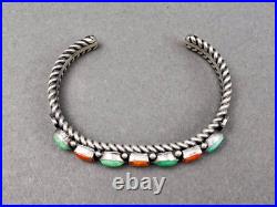 David Reeves Navajo Vintage Sterling Silver Coral Turquoise Row Cuff Bracelet