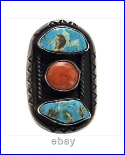 Depleted Mine NAVAJO Morenci TURQUOISE CORAL STERLING SILVER RINGsz6