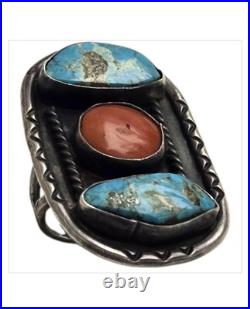 Depleted Mine NAVAJO Morenci TURQUOISE CORAL STERLING SILVER RINGsz6