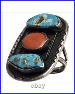 Depleted Mine NAVAJO Morenci TURQUOISE CORAL STERLING SILVER RINGsz6