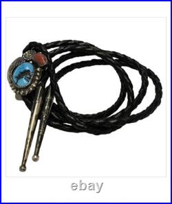 Detailed Silver Cloud Navajo Morenci Turquoise Coral Sterling Silver Bolotie