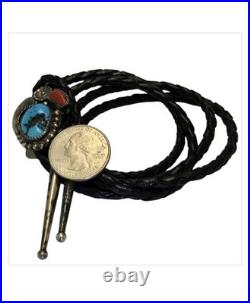Detailed Silver Cloud Navajo Morenci Turquoise Coral Sterling Silver Bolotie