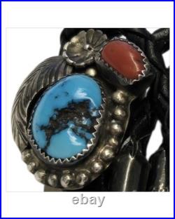 Detailed Silver Cloud Navajo Morenci Turquoise Coral Sterling Silver Bolotie