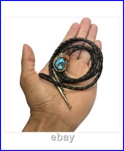 Detailed Silver Cloud Navajo Morenci Turquoise Coral Sterling Silver Bolotie