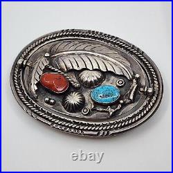 Double Sided Signed Navajo Sterling Silver Turquoise Coral Spinner Belt Buckle Double Sided Signed Navajo Sterling Silver Turquoise Coral Spinner Belt Buckle
