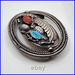 Double Sided Signed Navajo Sterling Silver Turquoise Coral Spinner Belt Buckle Double Sided Signed Navajo Sterling Silver Turquoise Coral Spinner Belt Buckle
