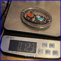 Double Sided Signed Navajo Sterling Silver Turquoise Coral Spinner Belt Buckle Double Sided Signed Navajo Sterling Silver Turquoise Coral Spinner Belt Buckle