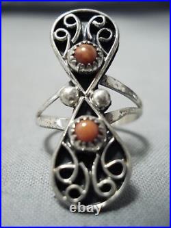 Double Teardrop Vintage Navajo Coral Sterling Silver Ring Old
