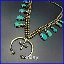 ELEGANT Vintage NAVAJO Sterling Silver and Turquoise SQUASH BLOSSOM Necklace