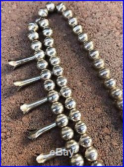 Early Navajo Sterling Silver Bench Bead Pearls Squash Blossom Sandcast Necklace