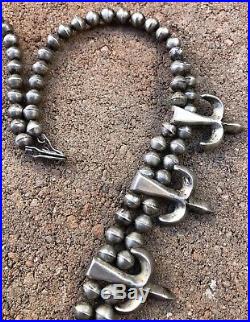 Early Navajo Sterling Silver Bench Bead Pearls Squash Blossom Sandcast Necklace