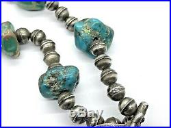 Early Navajo Sterling Silver Bench Bead Turquoise Naja Squash Blossom Necklace