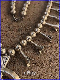 Early Navajo Sterling Silver Bench Pearls Bead Squash Blossom Sandcast Necklace
