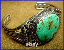 Early Vintage Navajo Sterling Silver Large Natural #8 Turquoise Cuff Bracelet