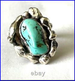 Eddie Secatero Navajo Turquoise Ring Sterling Silver Clouds Mounting, Size 6