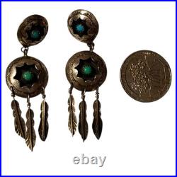 Elaborate Navajo Shadow Box Kingman Turquoise Sterling Silver Dangle Earrings