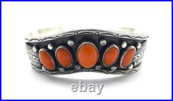 Estate Vintage Natural Red Coral 925 Sterling Silver Cuff Navajo Design Bracelet