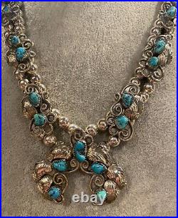 Estate Vintage Navajo Sterling Silver Turquoise Squash Blossom Necklace Signed