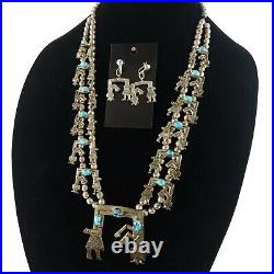 Estate Vintage Navajo Sterling Silver Turquoise YEI Squash Blossom & Earrings