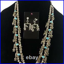 Estate Vintage Navajo Sterling Silver Turquoise YEI Squash Blossom & Earrings