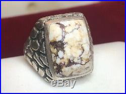 Estate Vintage Sterling Silver White Buffalo Turquoise Ring Men's Signed Band