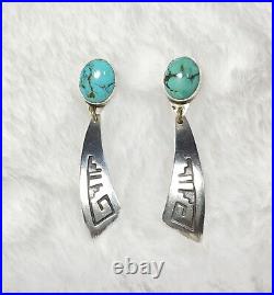 Everett and Mary Teller Navajo Vintage Turquoise Sterling Silver Earrings 2 In