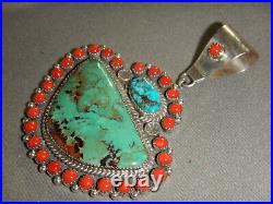 FILBERT BROWN Native American Turquoise & Coral Sterling Silver Pendant 4 x 3