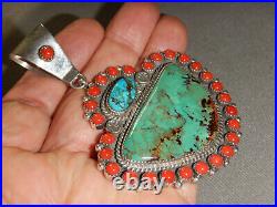 FILBERT BROWN Native American Turquoise & Coral Sterling Silver Pendant 4 x 3