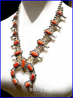 Fabulous 24 925 Sterling Silver Coral Navajo Squash Blossom Necklace 126g