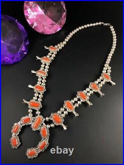 Fabulous 24 925 Sterling Silver Coral Navajo Squash Blossom Necklace 126g