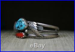 Fantastic Native American Navajo Turquoise Coral Sterling Silver Cuff Bracelet