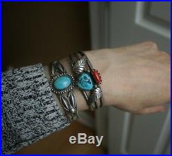 Fantastic Native American Navajo Turquoise Coral Sterling Silver Cuff Bracelet
