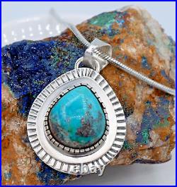 Fine Sterling Silver 925 Navajo Tribe JF Pear Cabochon Turquoise Pendant withChain