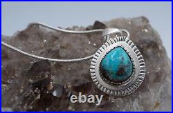 Fine Sterling Silver 925 Navajo Tribe JF Pear Cabochon Turquoise Pendant withChain