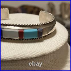Francis Yazzie Navajo SS 925 Signed Turquoise Coral Shell Inlay Cuff Bracelet 6