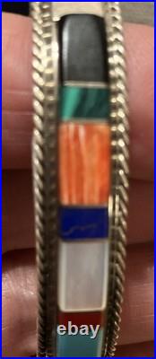 Francis Yazzie Navajo SS 925 Signed Turquoise Coral Shell Inlay Cuff Bracelet 6